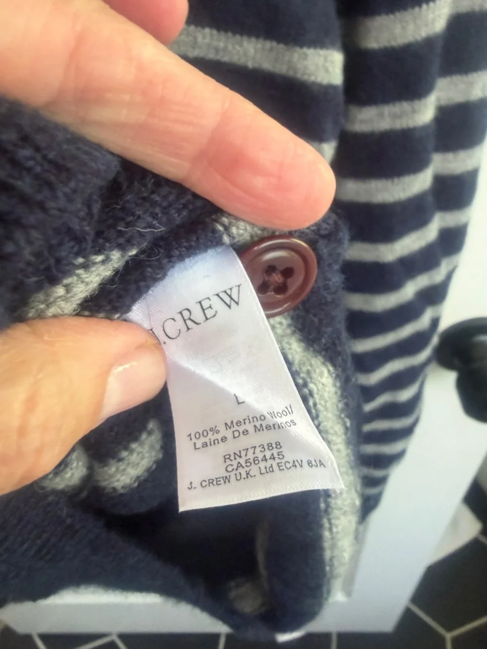J. Crew womens Navy and White Striped merino wool Button-Shoulder Sweater.